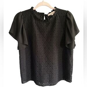 LOFT Black Lace Ruffled Sleeve Blouse
